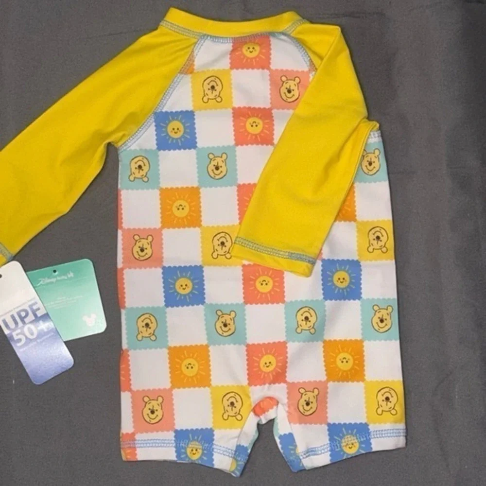 Disney Baby Winnie the Pooh Yellow Checkered Rash Guard Swimsuit 12M NEW